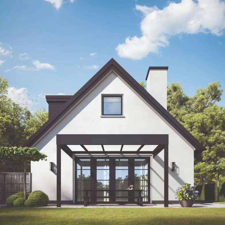 Compact modern house with peaked roofline and glass patio cover supported by black framing.